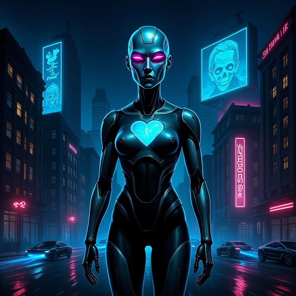 Robot with Human Heart in Cyberpunk Cityscape