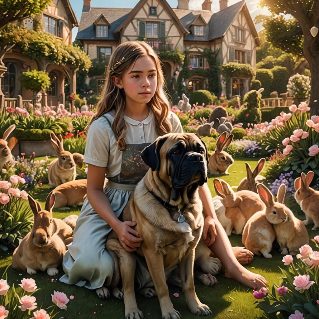 Girl and Mastiff Dog in Lush Garden with Bunnies
