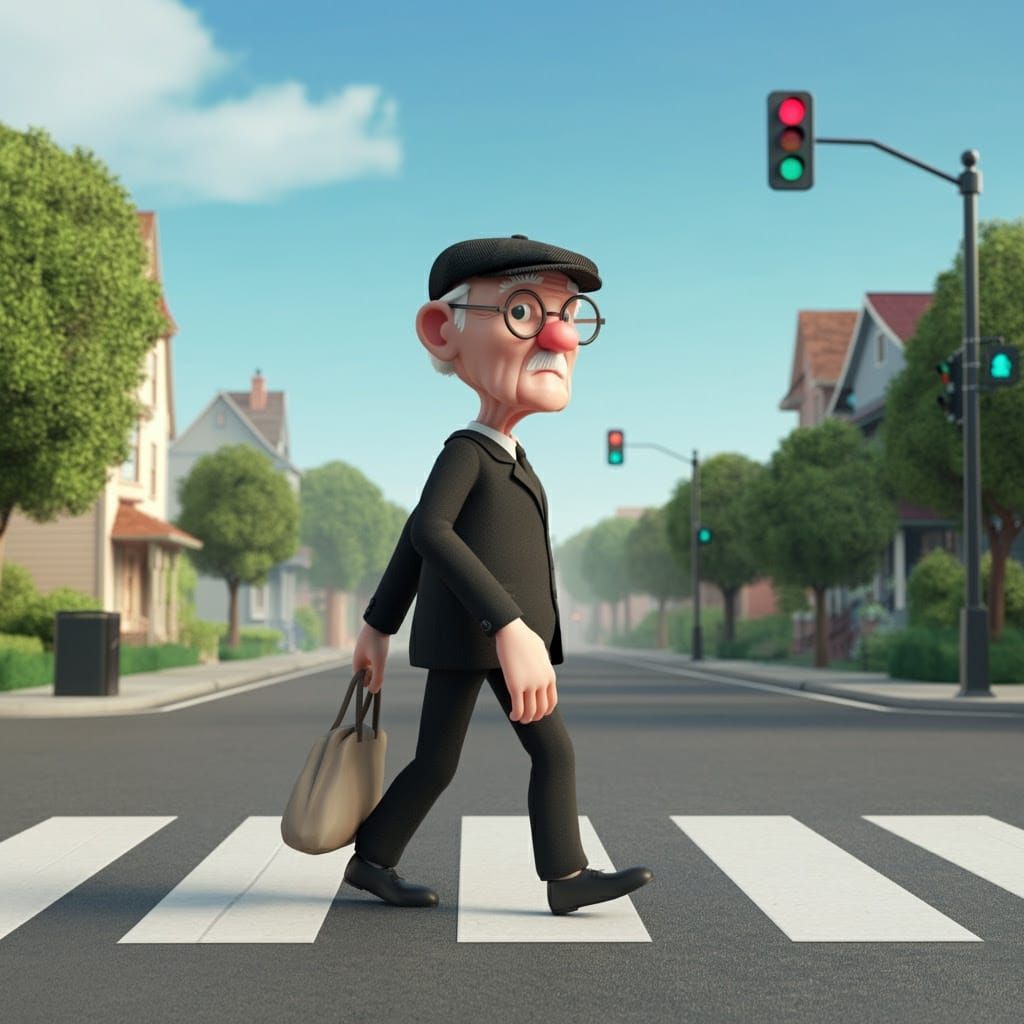 Elderly Gentleman Strolls Across Quiet Suburban Street in Pi...