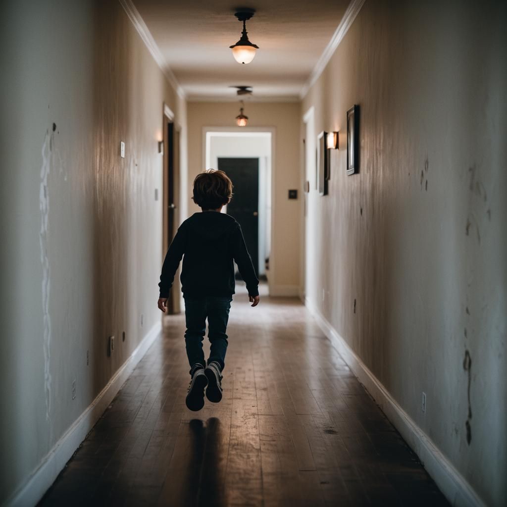 Eerie Floating Child in Shadowy Hallway