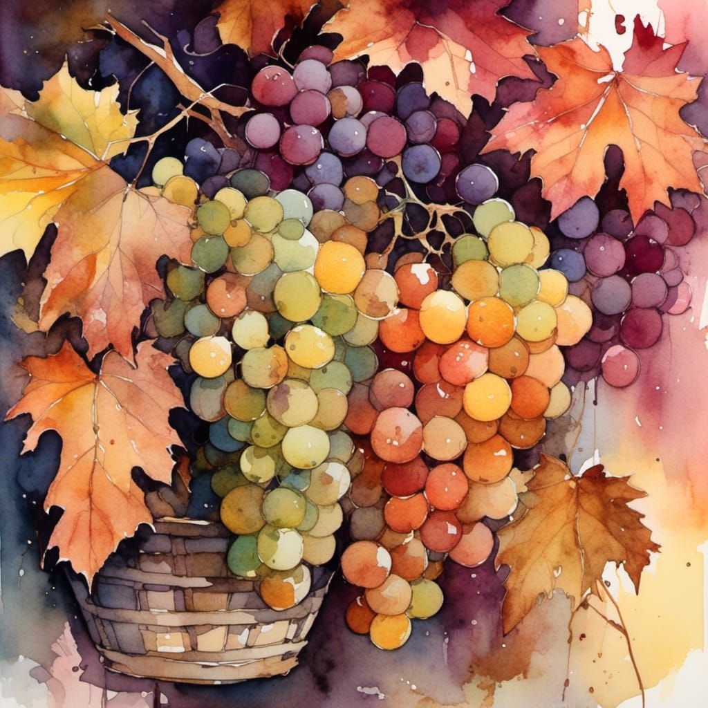 <lora:Neurographic Ink:1.0>rich purple grapes hanging from v...