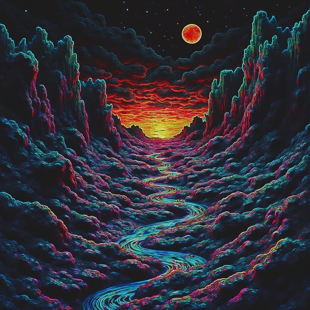 Neon Alien Landscape with Impossible Mountains