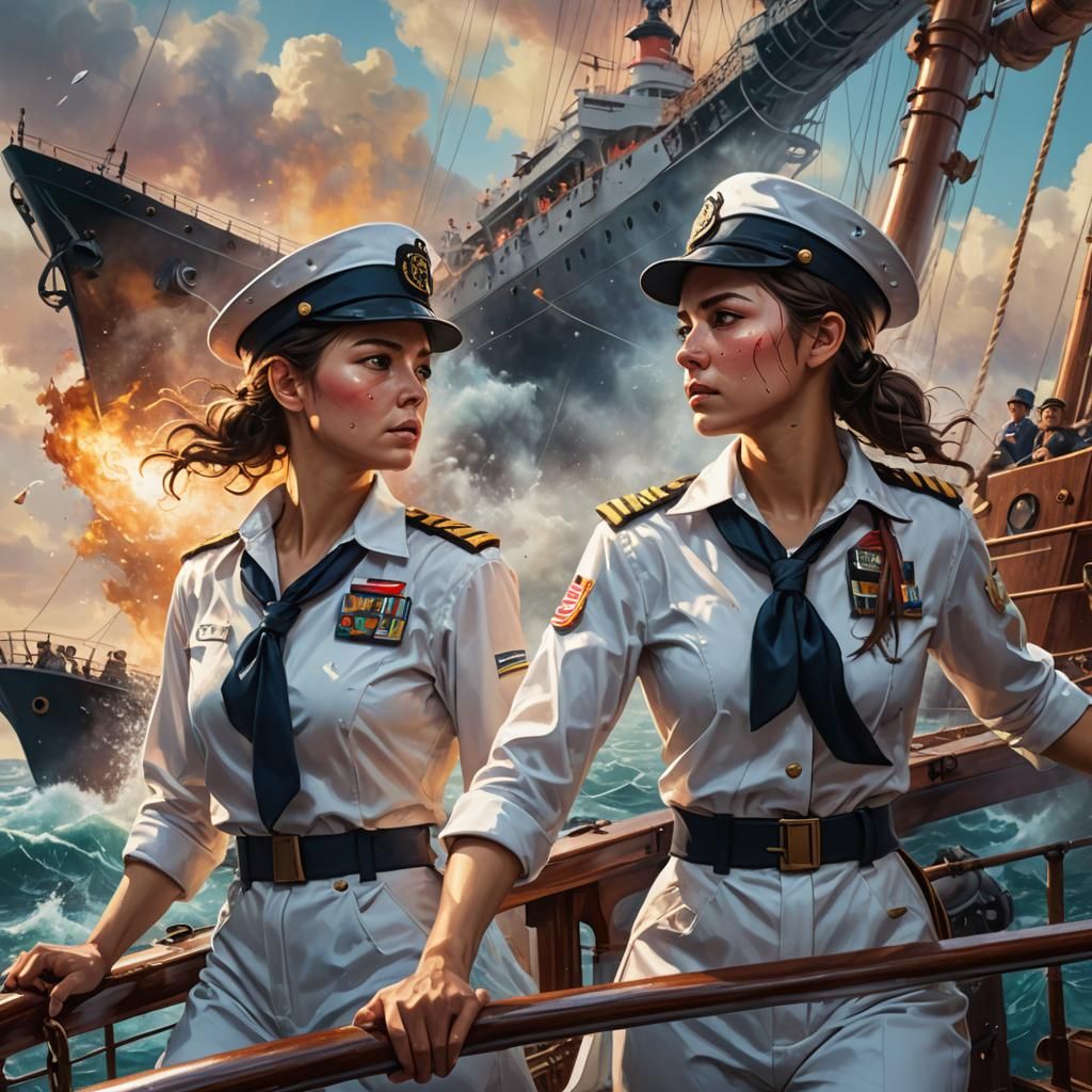Hyperrealistic Female Sailors on a Ship