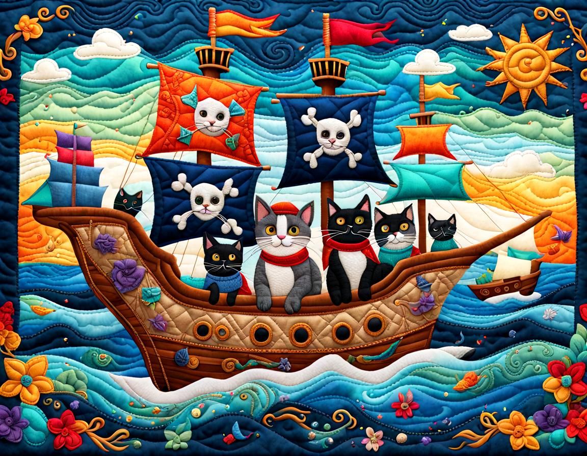 Quilted Explorer Cats Sail a Pirate Ship