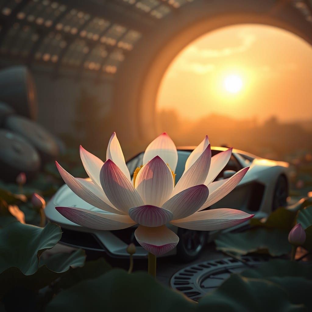 Surreal Lotus in a Cemetery, a Blend of Nature and Automotiv...