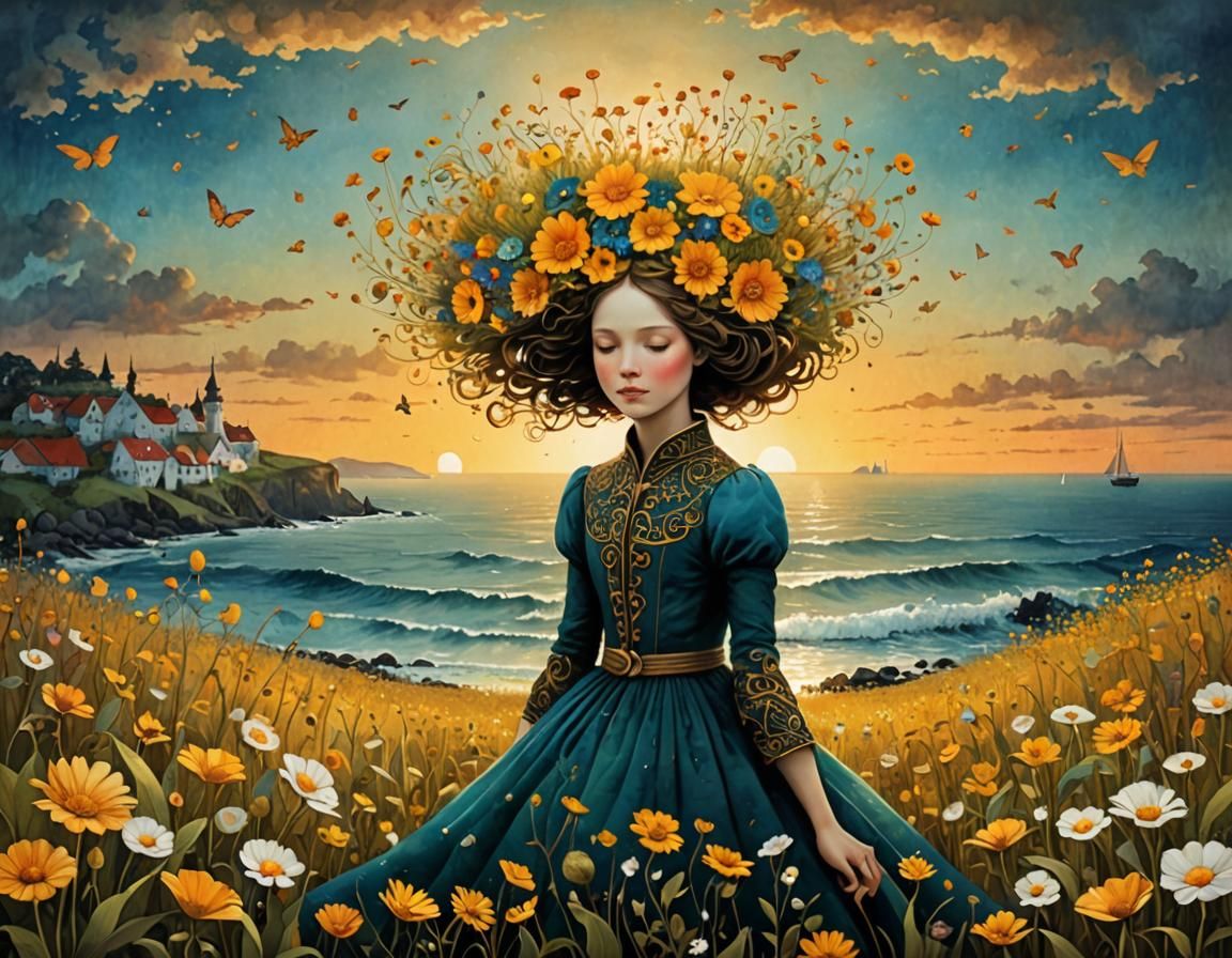 Surreal Seaside Flower Field Painting at Sunset
