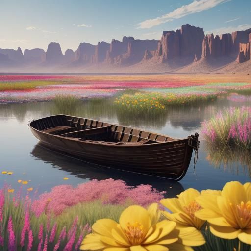 Hyperrealistic Desert Lake Boat with Vibrant Flowers