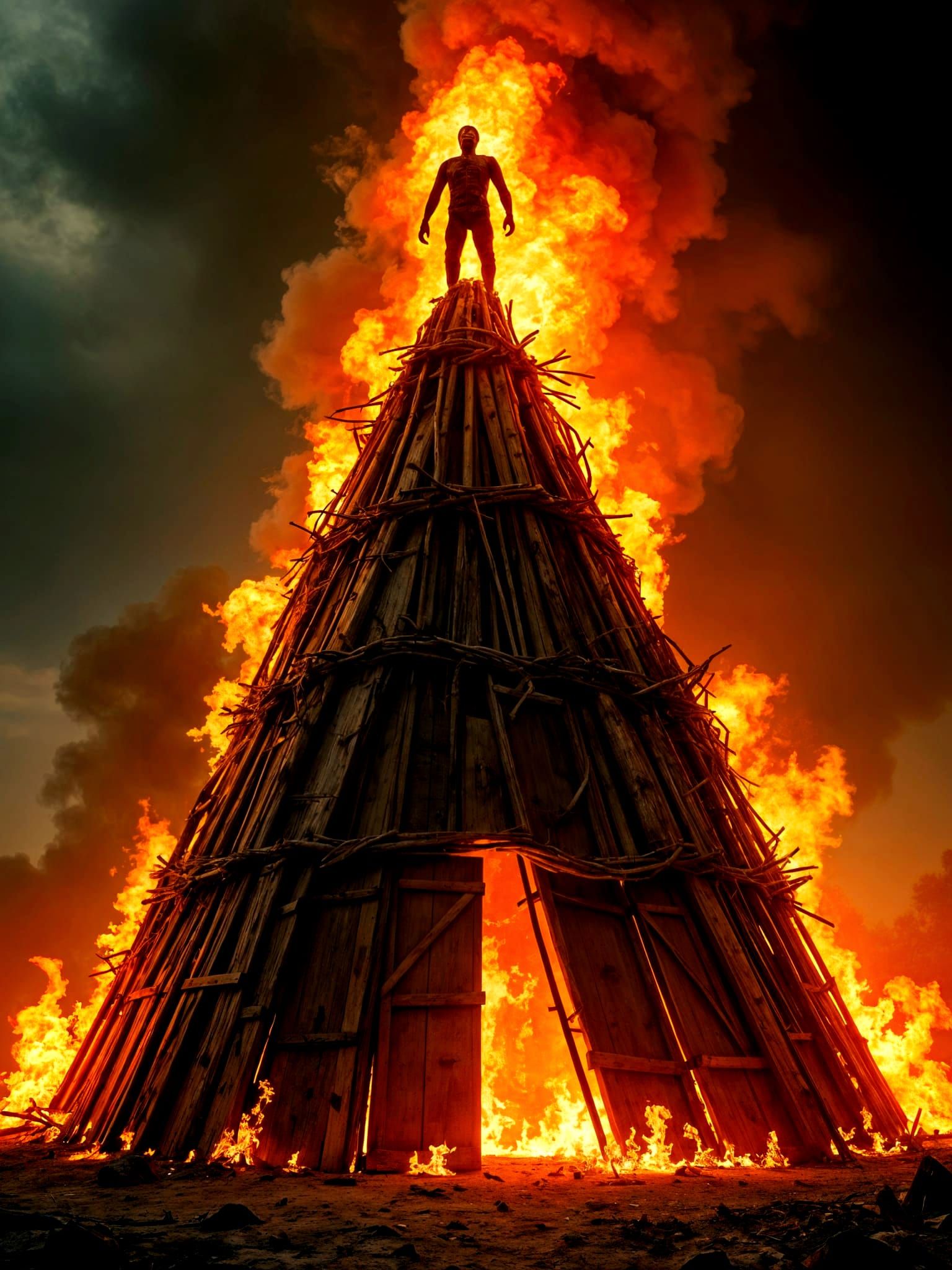 Burning Effigy on Scrap Wood Bonfire