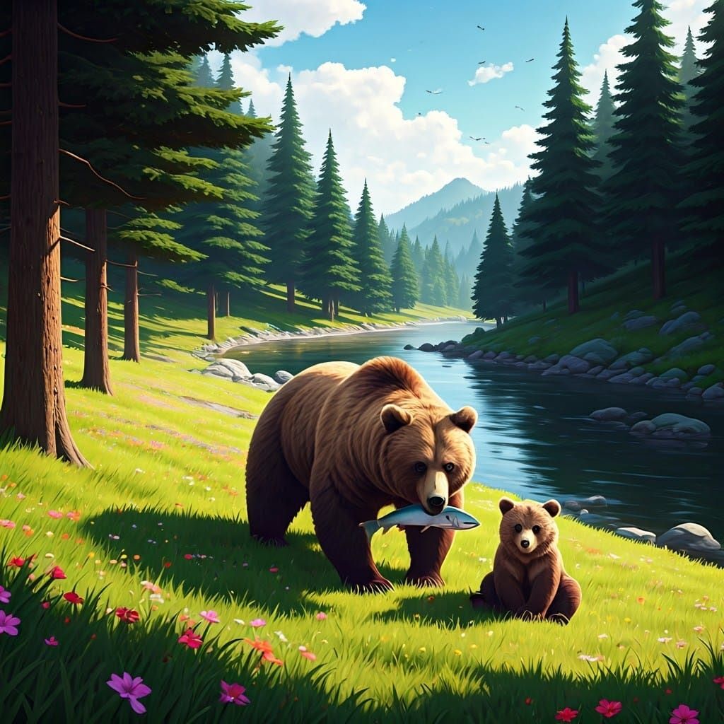 Serene Valley with Brown Bears and Lush Pine Trees in 3D Ani...