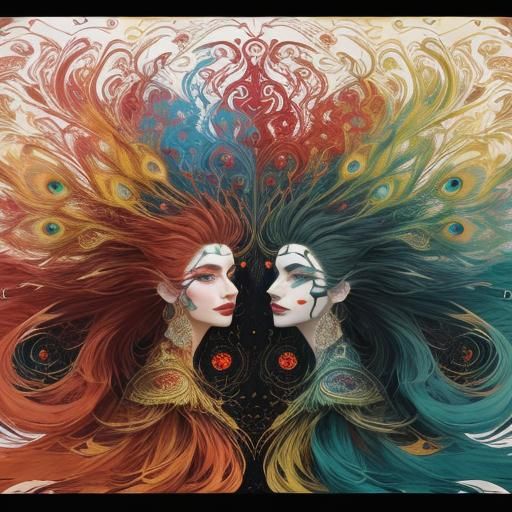 Abstract Art: Women with Peacock Feathers and Dragon Scales