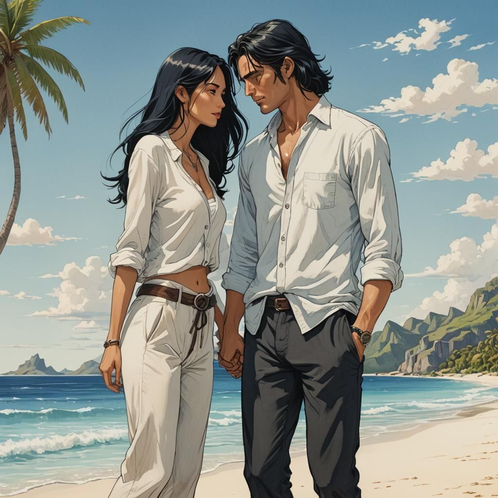 Romantic Couple on Bora Bora Beach in Anime Style