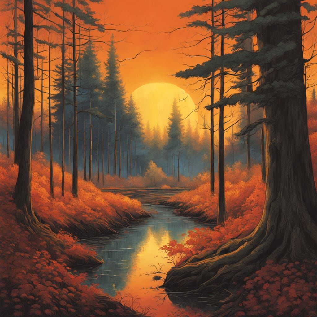 Vibrant Amber Forest in Golden Sunset
