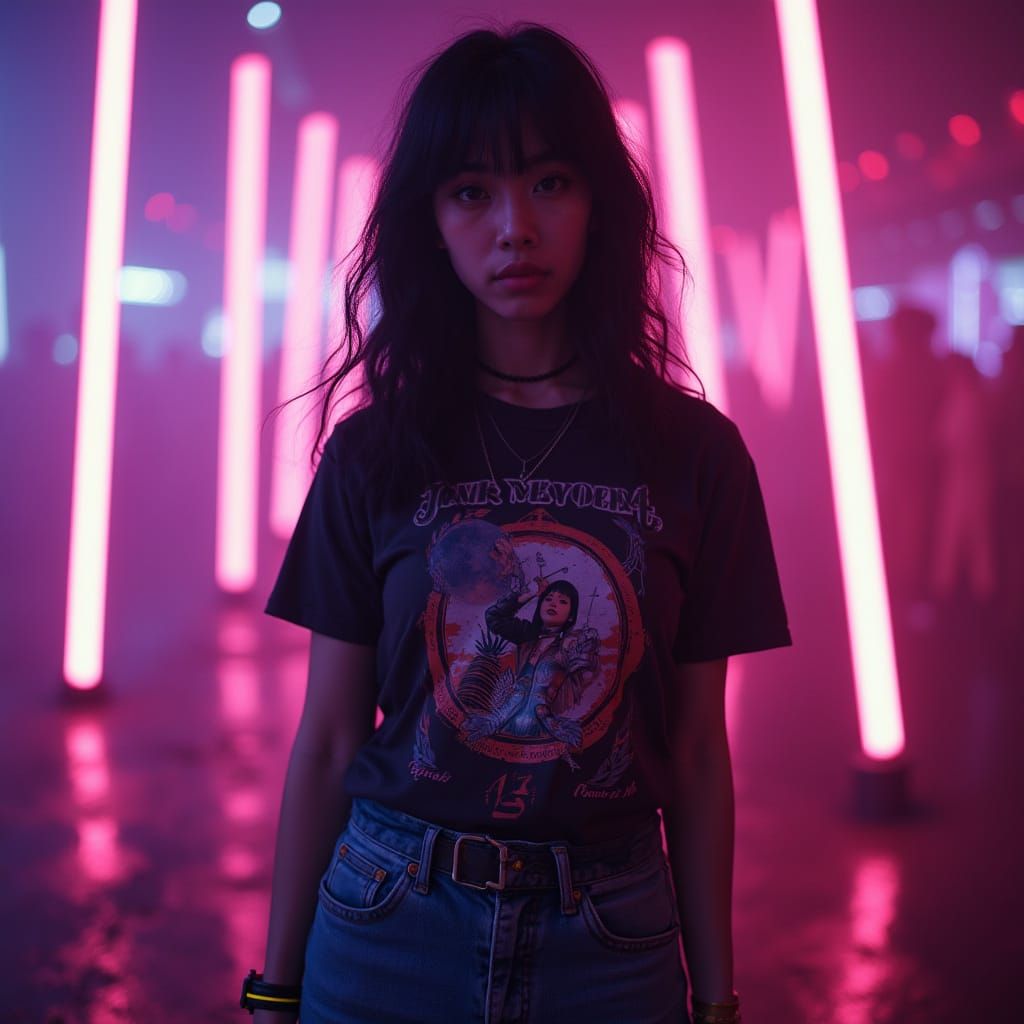 Hyperrealistic Asian Woman in Techno Club