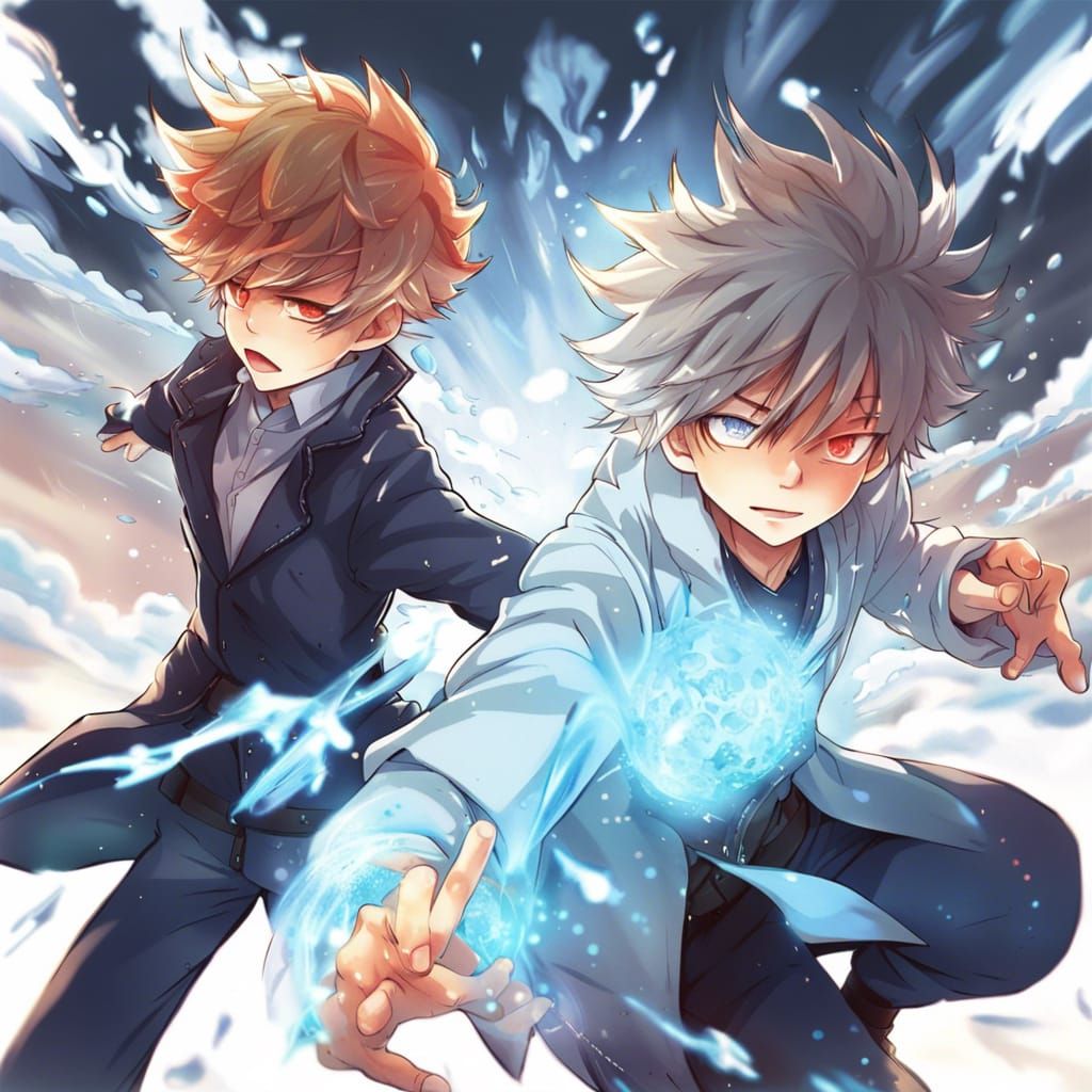 Boy vs Fire and Ice Villain in Anime Style
