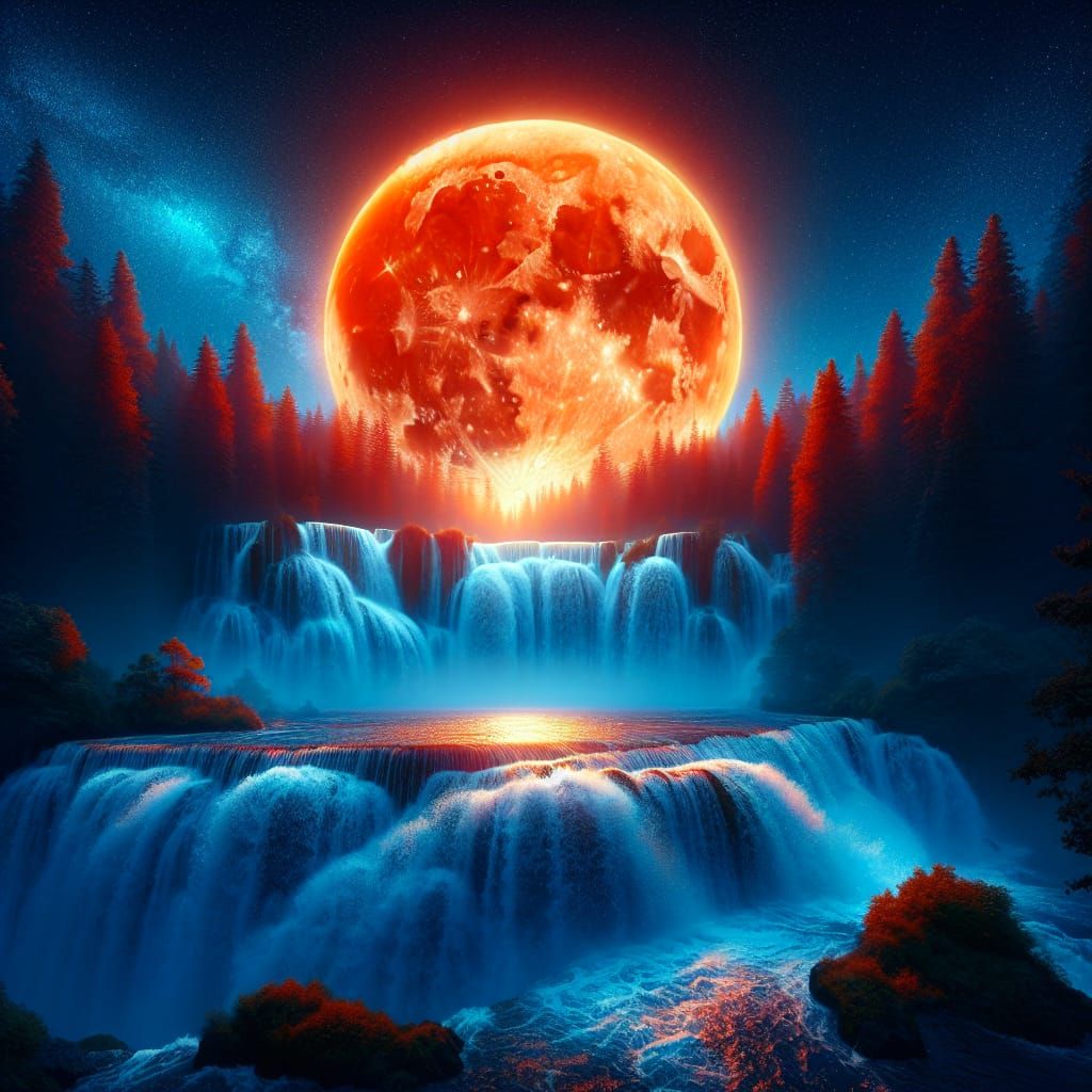Vibrant Orange Moon Radiates Over a Sparkling Waterfall