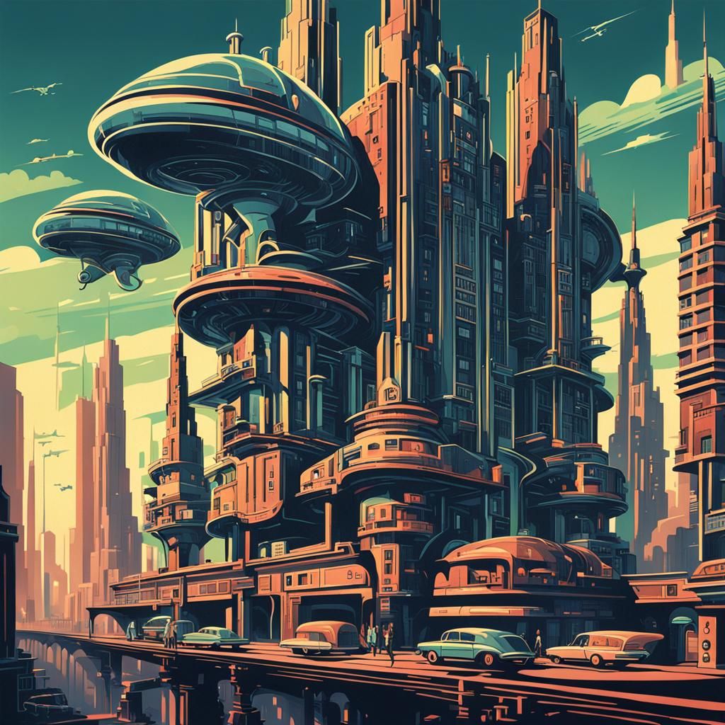 Retrofuturistic metropolis, raygun gothic style
