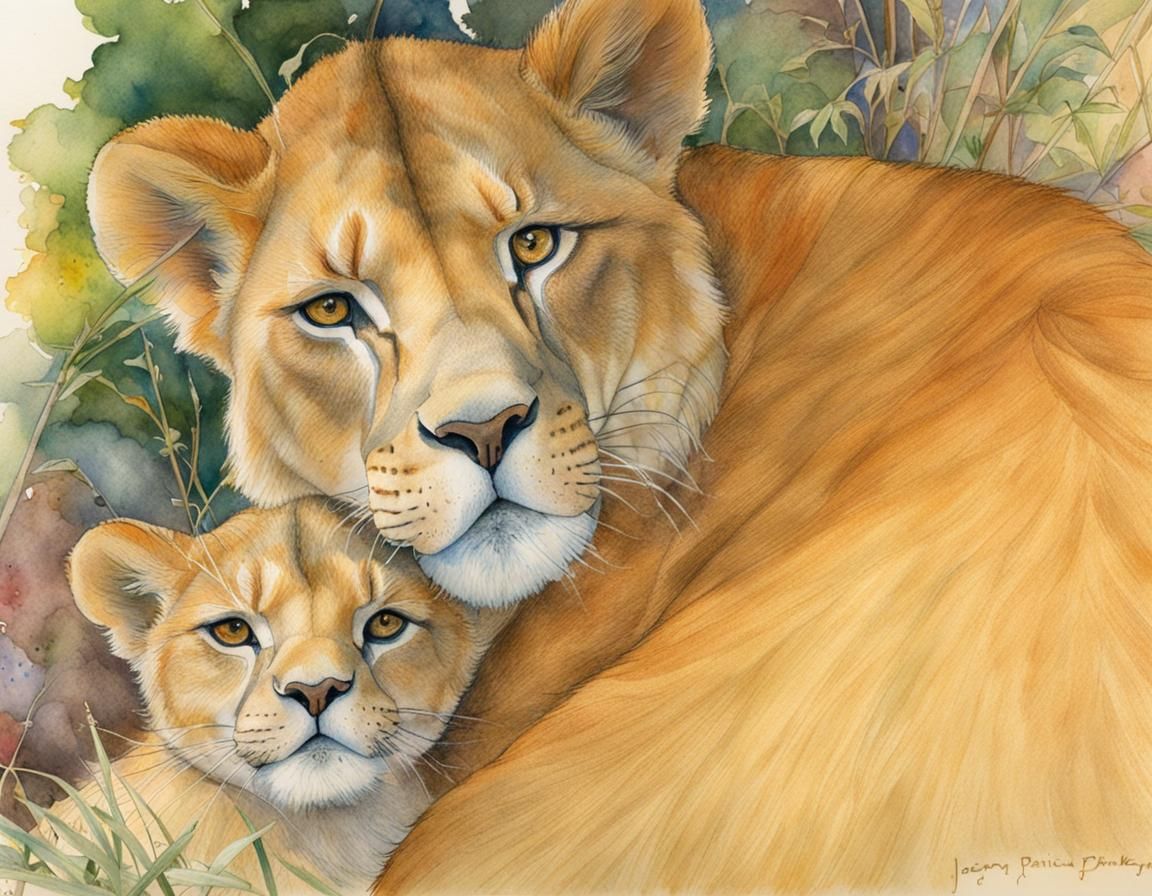 Man Snuggling with Lion in Watercolor Style