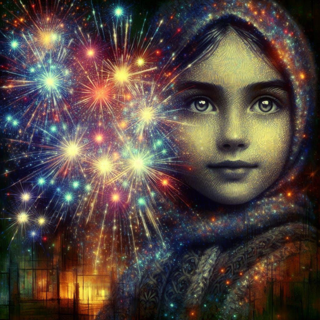 Middle Eastern Girl Amidst Dazzling New Year's Fireworks