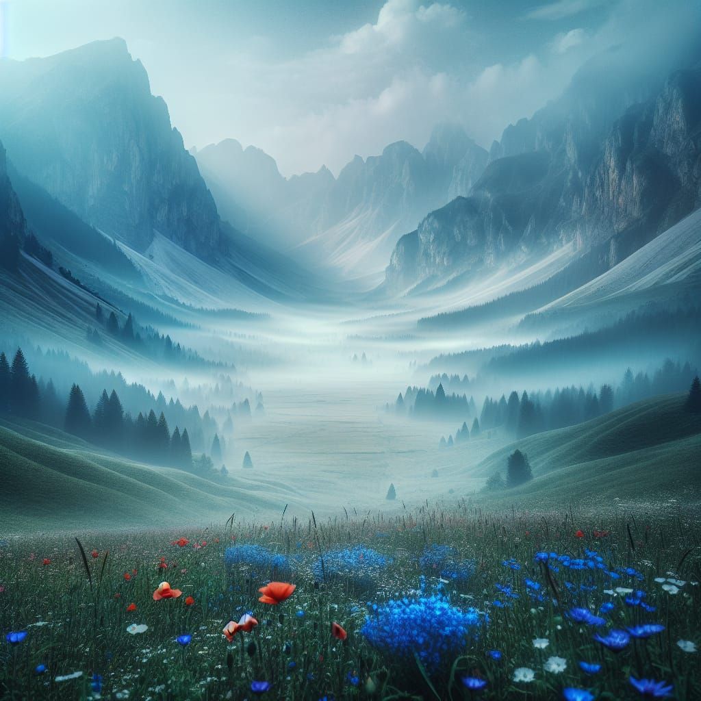 Ethereal Misty Mountain Meadow with Wildflowers