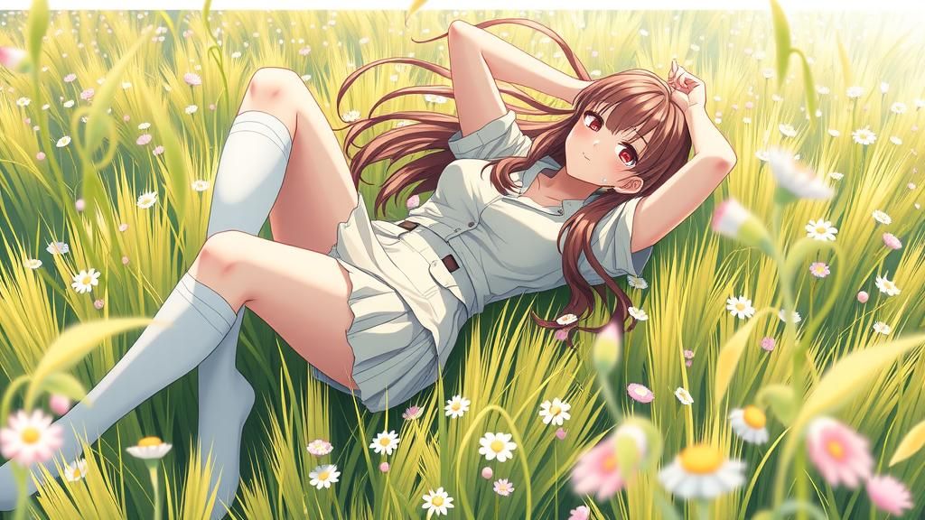 Young Woman in Meadow, Japanese Manga Style