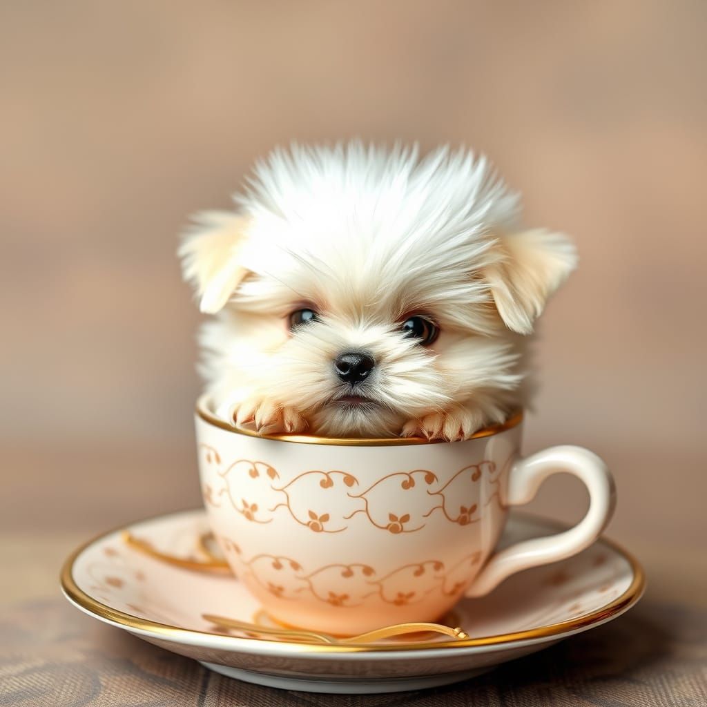 Realistic Fluffy Puppy in Teacup