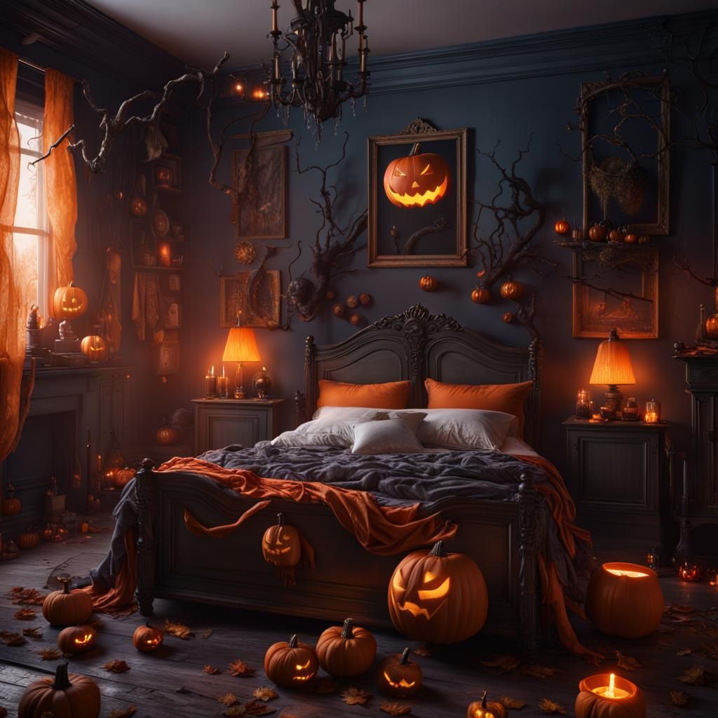 Hyperrealistic Halloween Bedroom in Detailed Matte Painting