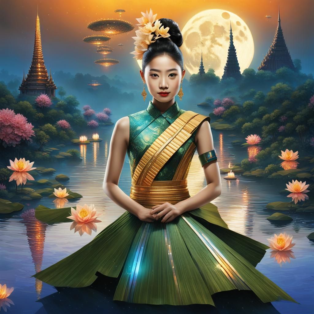 Thai Woman in Futuristic Setting, Digital Oil Painting