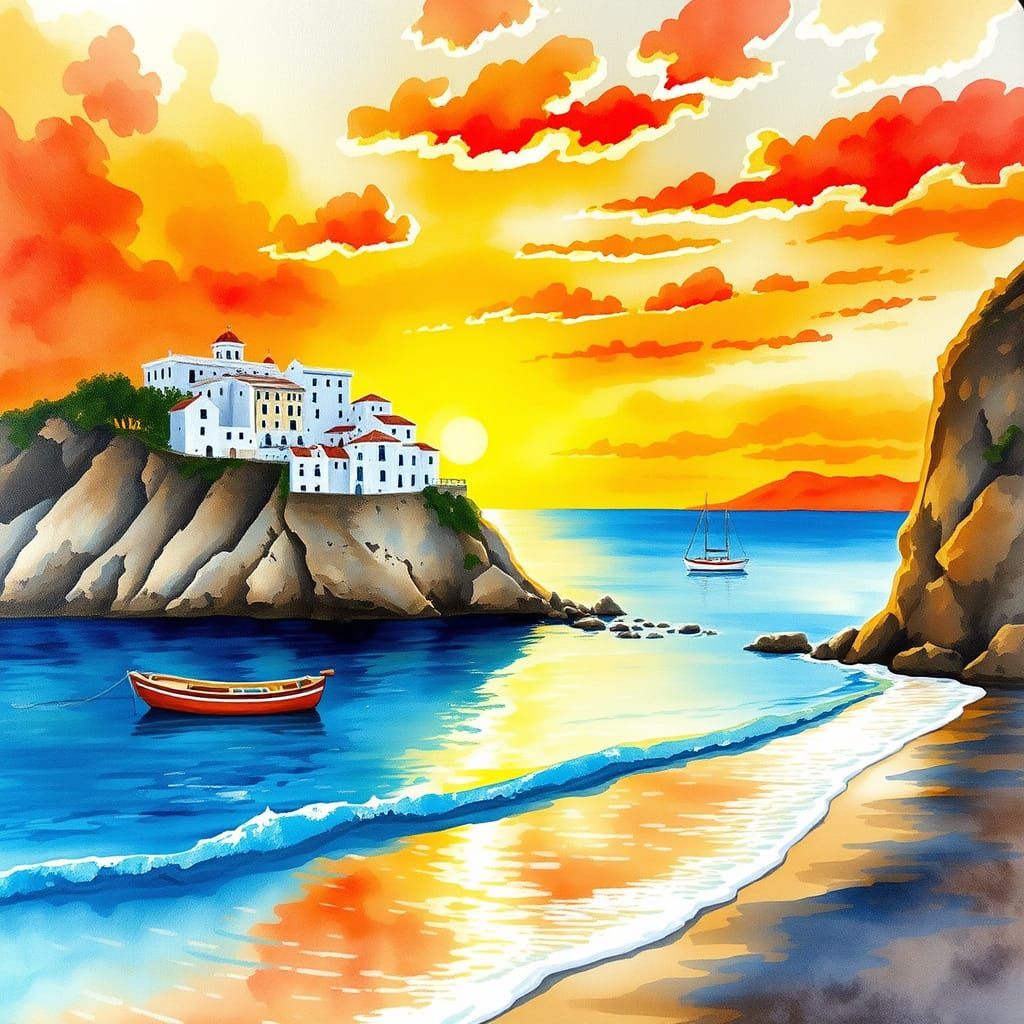 Idyllic Mediterranean Village Sunset in Vibrant Watercolor