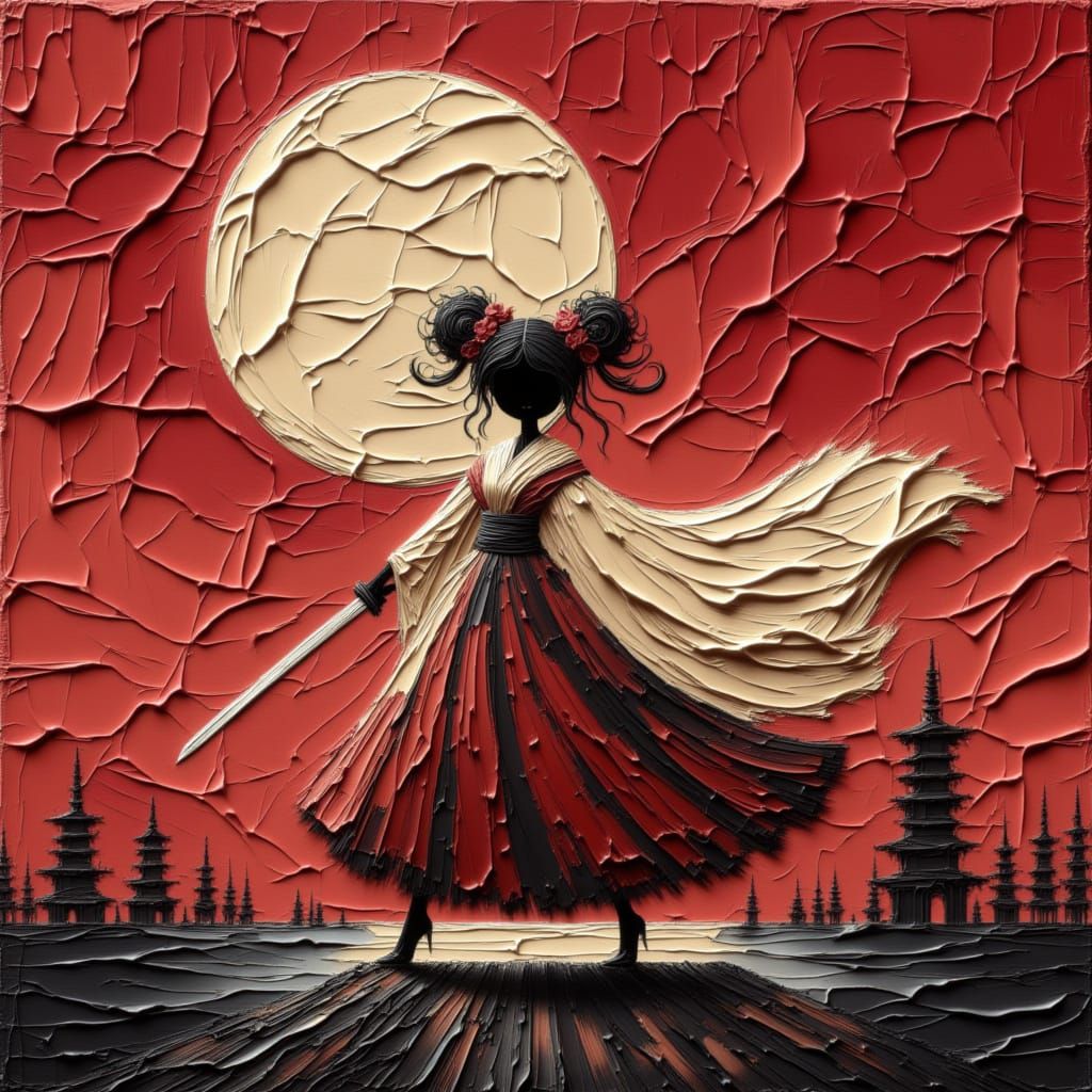 Cyborg Samurai with Katana Under Blood Red Moon