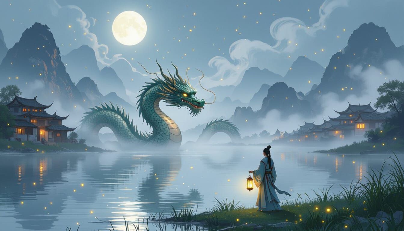 Mystical Dragon Emerges from Moonlit Lake