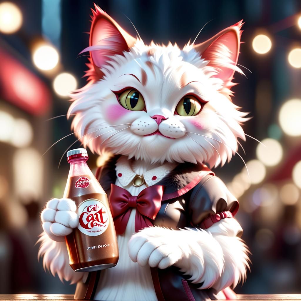 Anthropomorphic Cat Girl with Cream Soda, Furry Art
