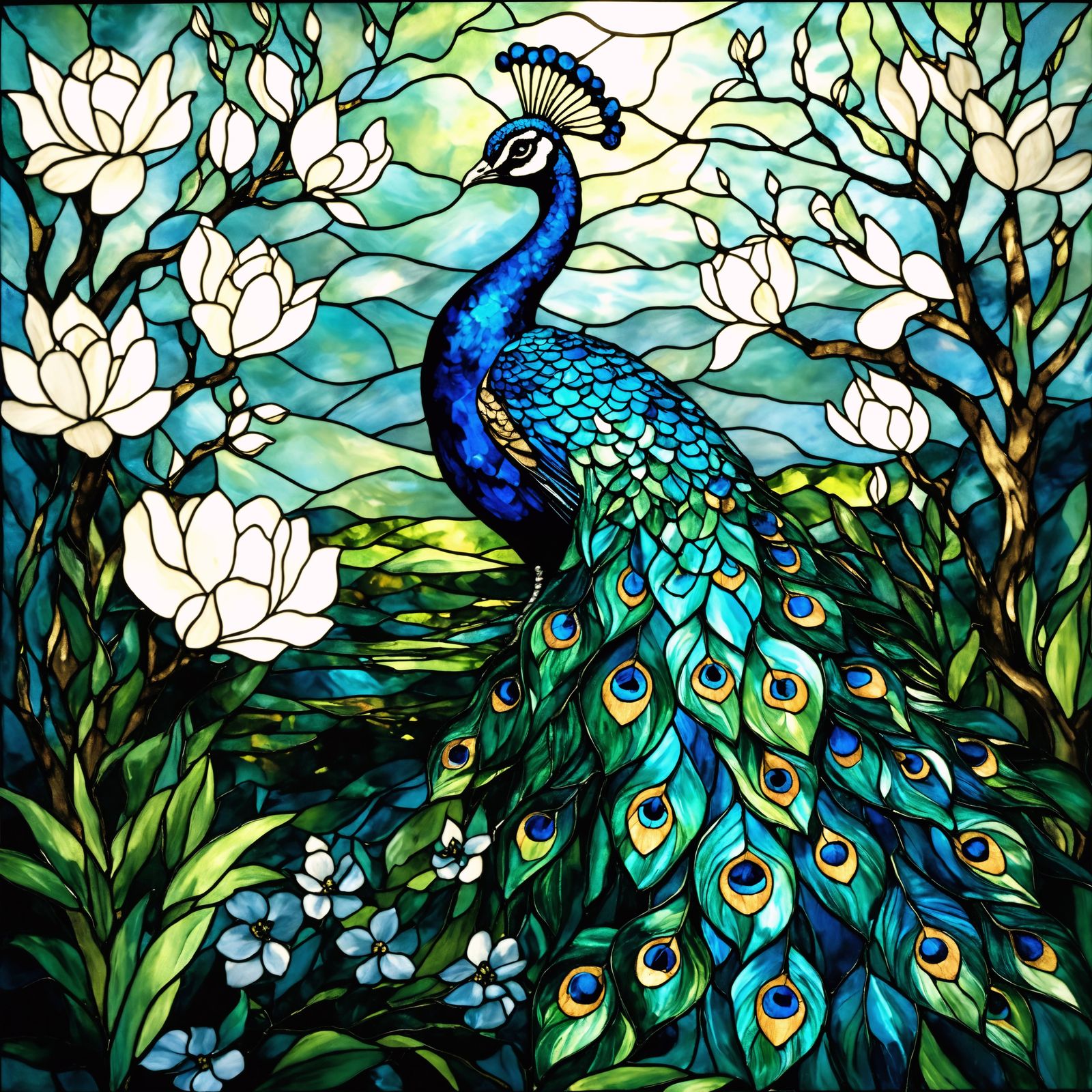 Stained Glass Peacocks in Impasto Painting Style