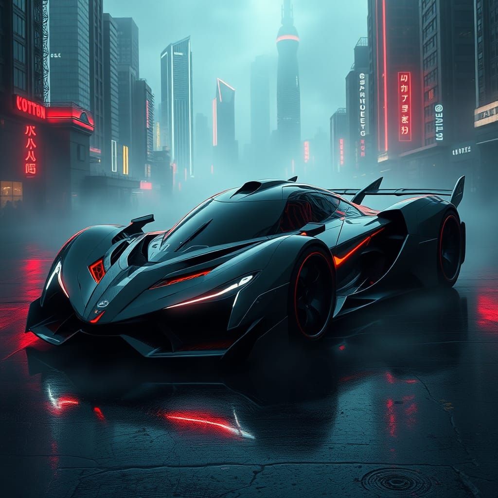 Futuristic Supercar in Dystopian Cyberpunk Cityscape