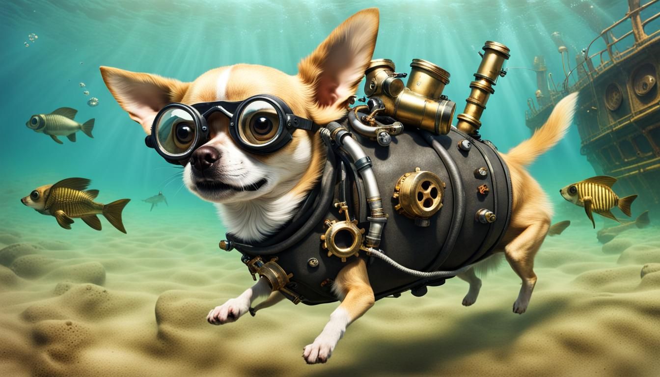 Chihuahua in Scuba Gear Explores Shipwreck
