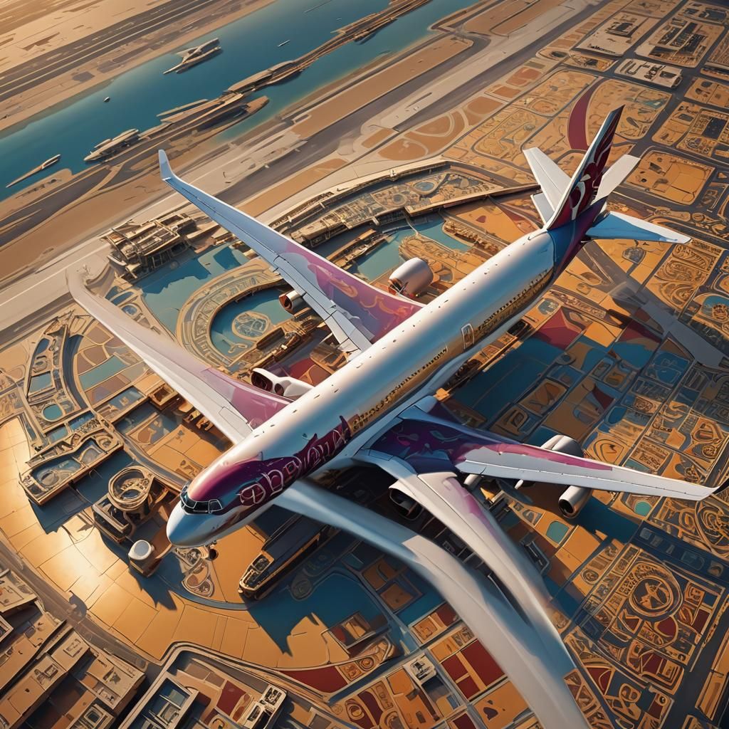 Qatar 777 Takes Off: Fantasy Digital Painting
