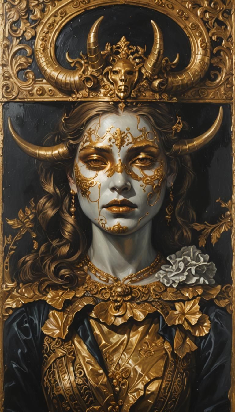 Whimsical, dark baroque, sureal, ceramic face with gold lini...