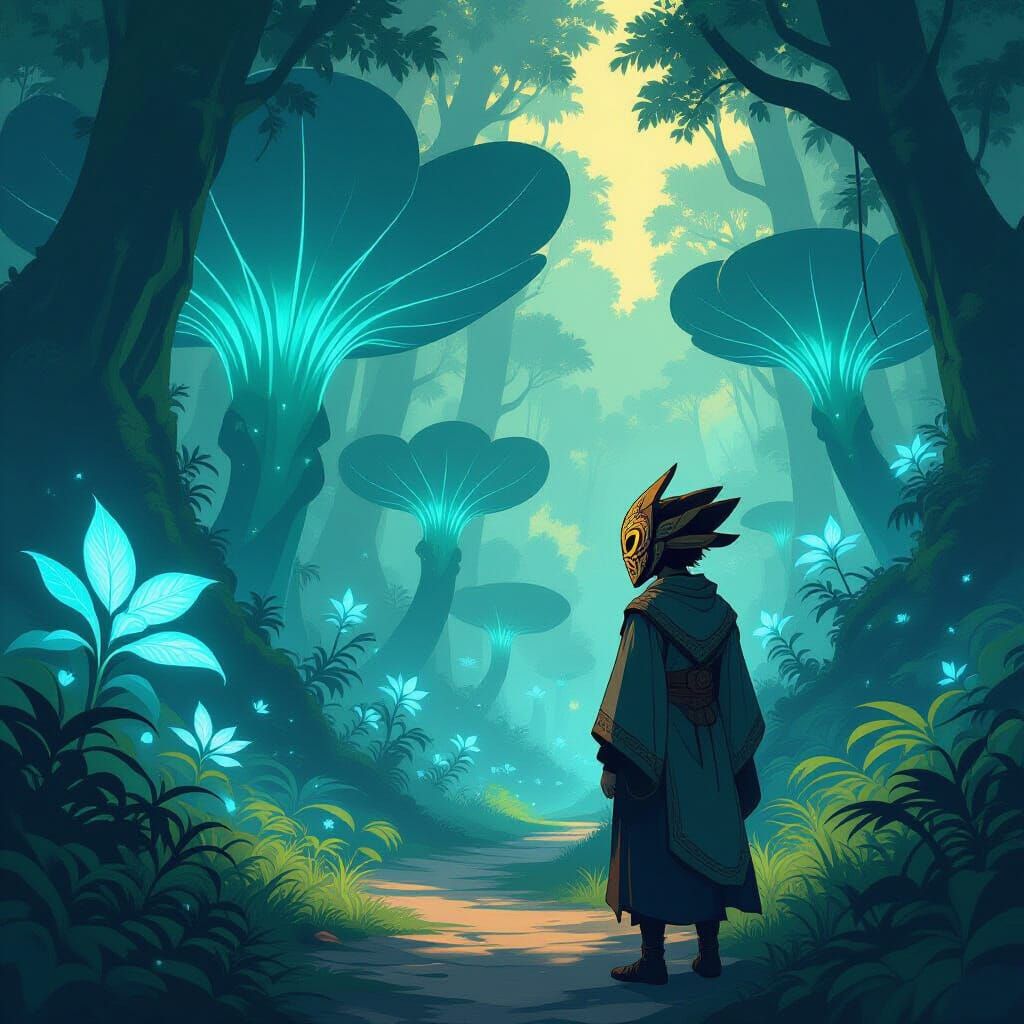 Traveler in Bioluminescent Forest, Anime Style