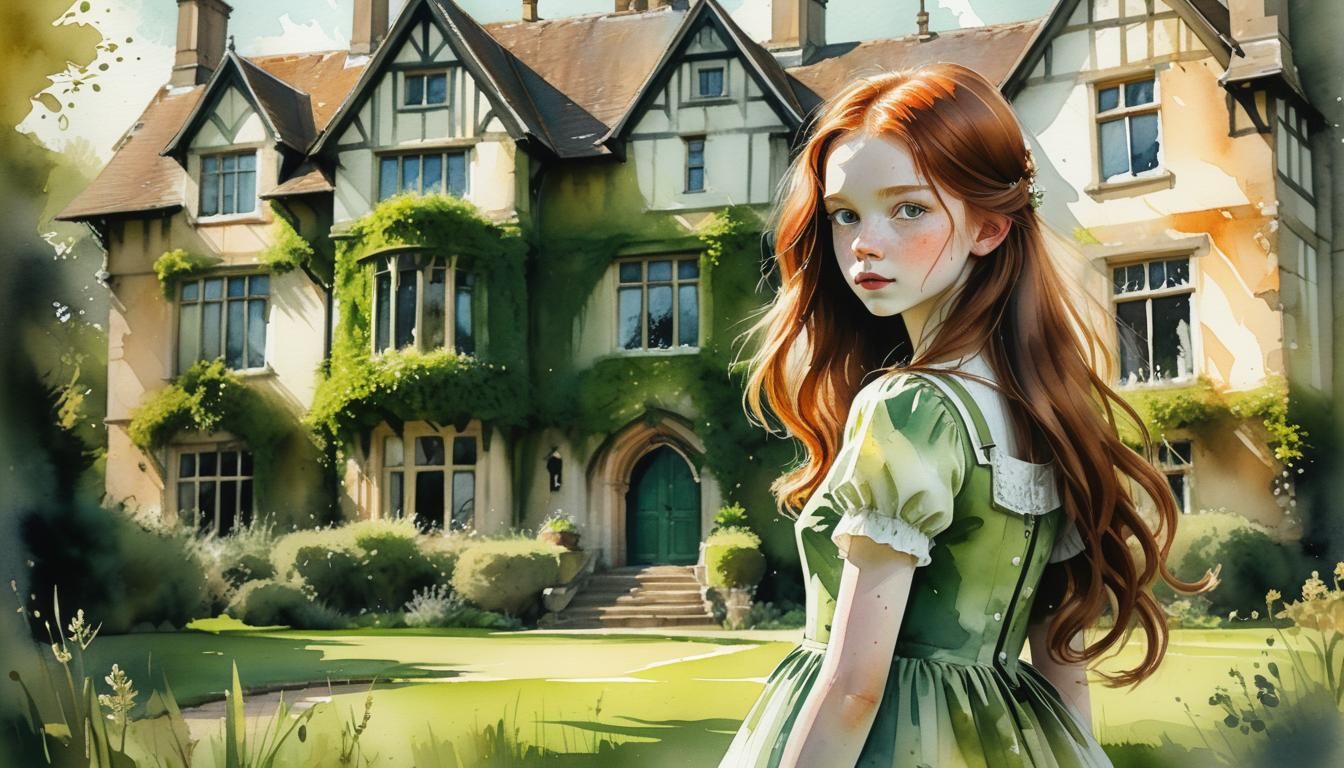 Ginger Girl in Watercolor Style Before English Manor