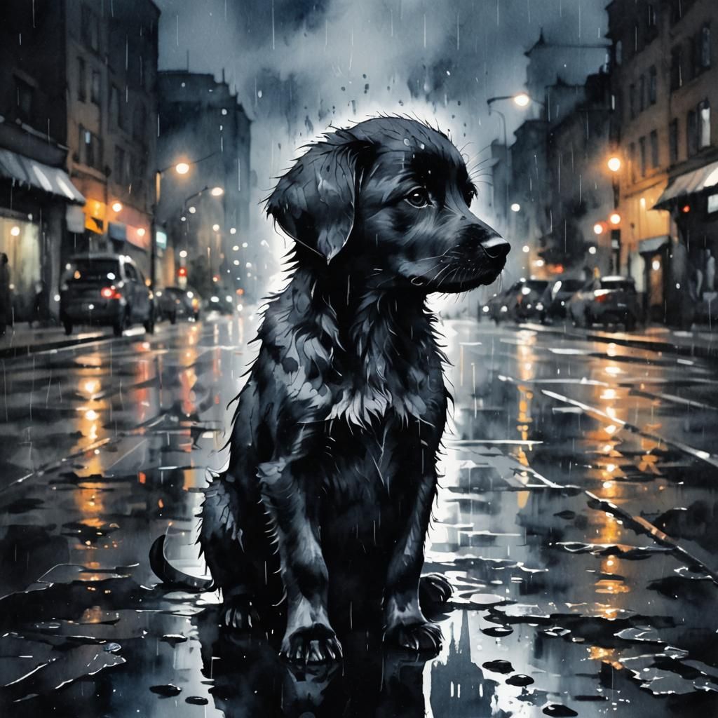 double exposure night, city, rain, silhouette of a sad wet puppy, dark moody watercolor