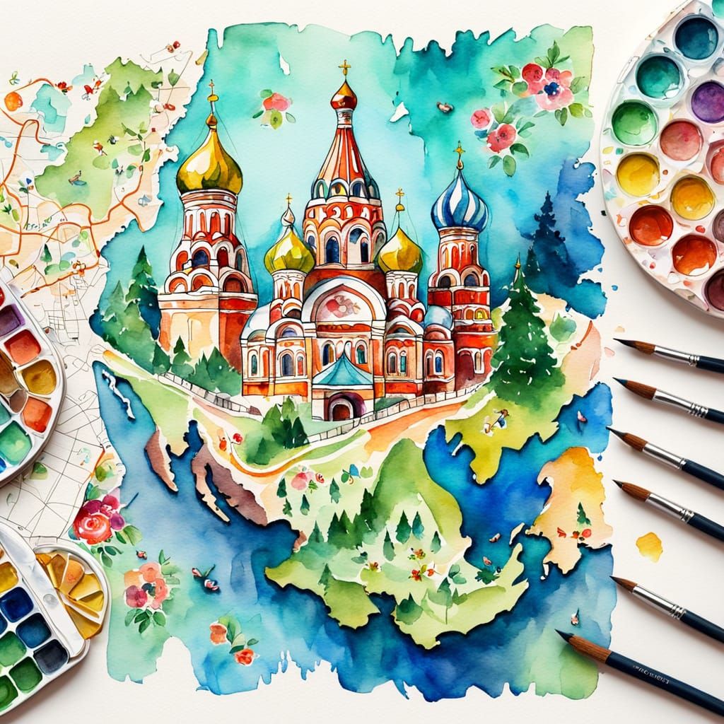 Matryoshka Dolls and Russia Map Watercolor Sketch Collage