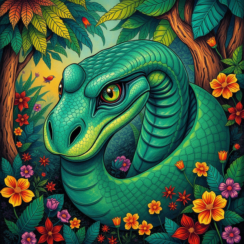 Kaa the Serpent in a Dreamlike Jungle