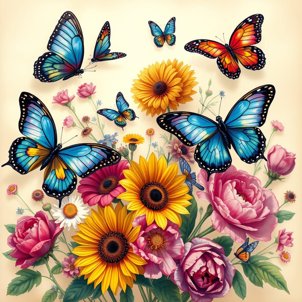 Butterflies fluttering around multicolor flowers
