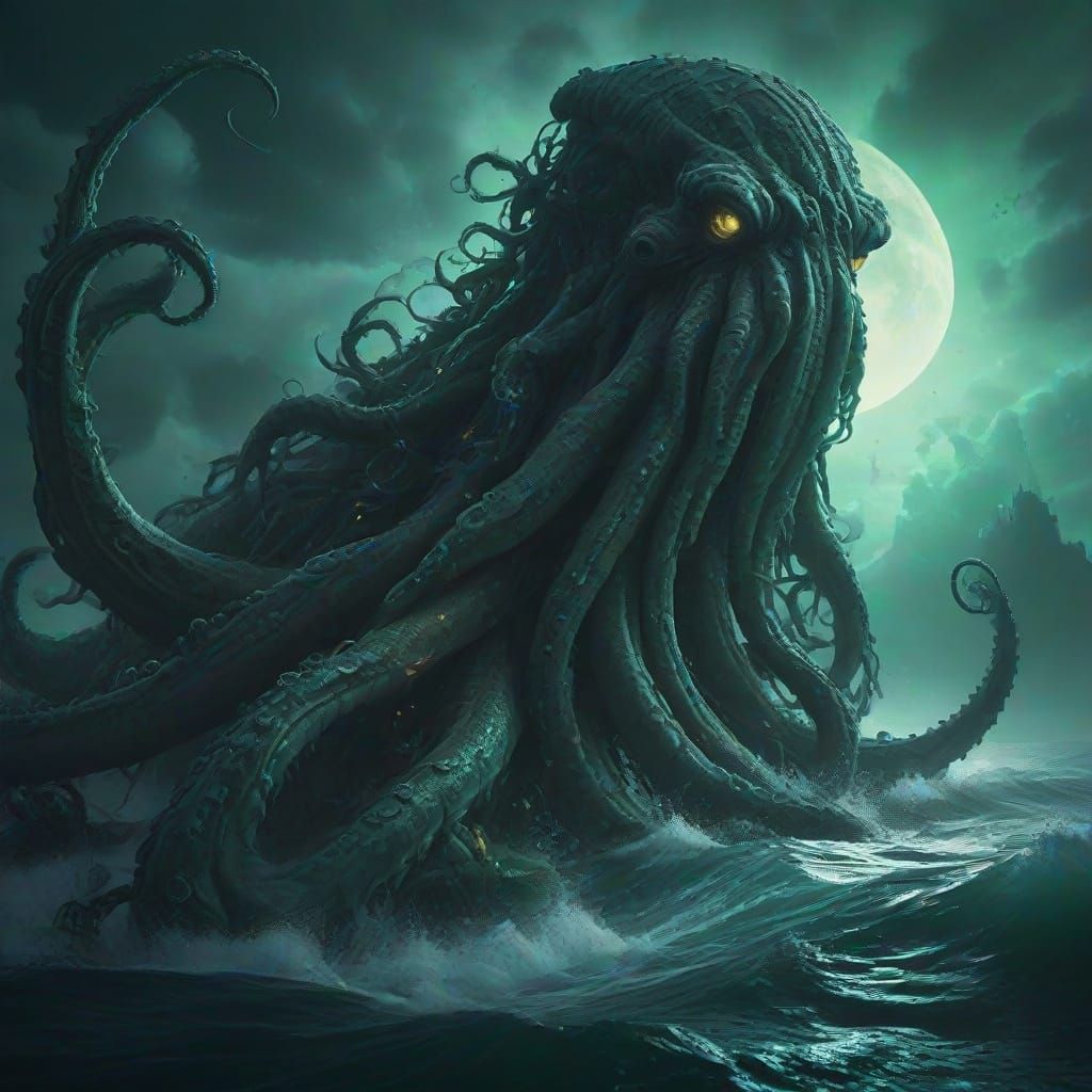 Giant Kraken Rising Under Emerald Moonlight