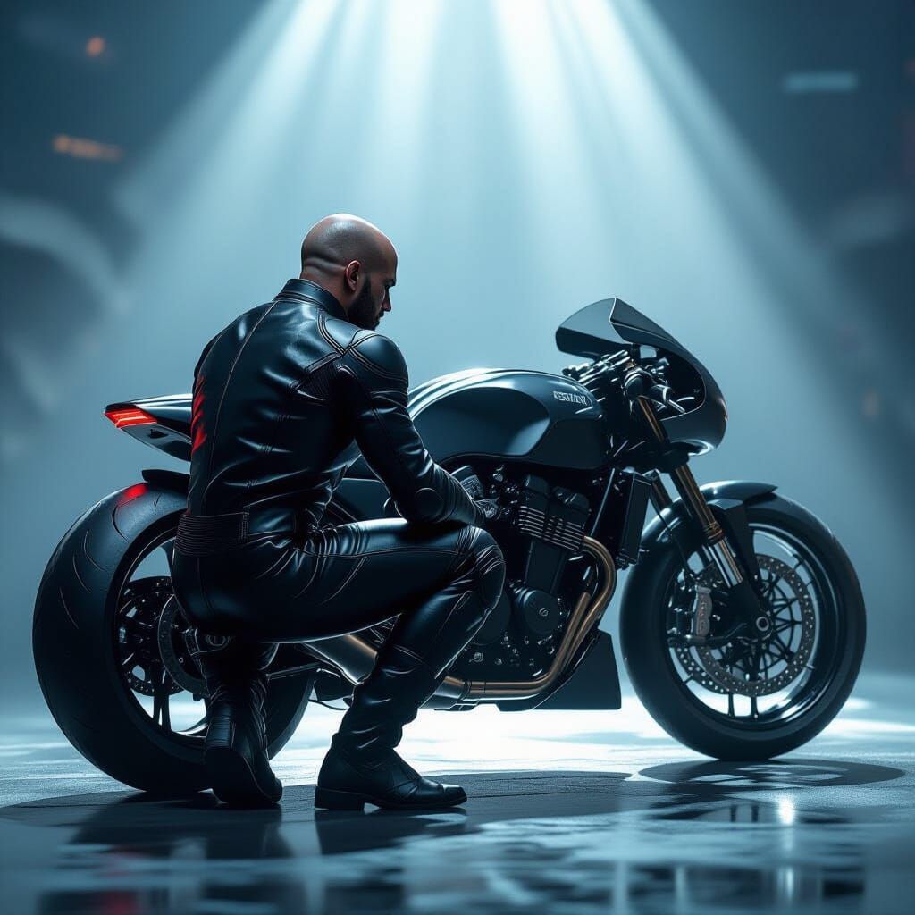 Muscular Racer Poses with Motorcycle in Dramatic Lighting