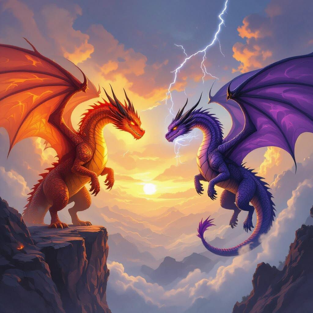 Orange and Purple Dragons Battle in Fiery Sky