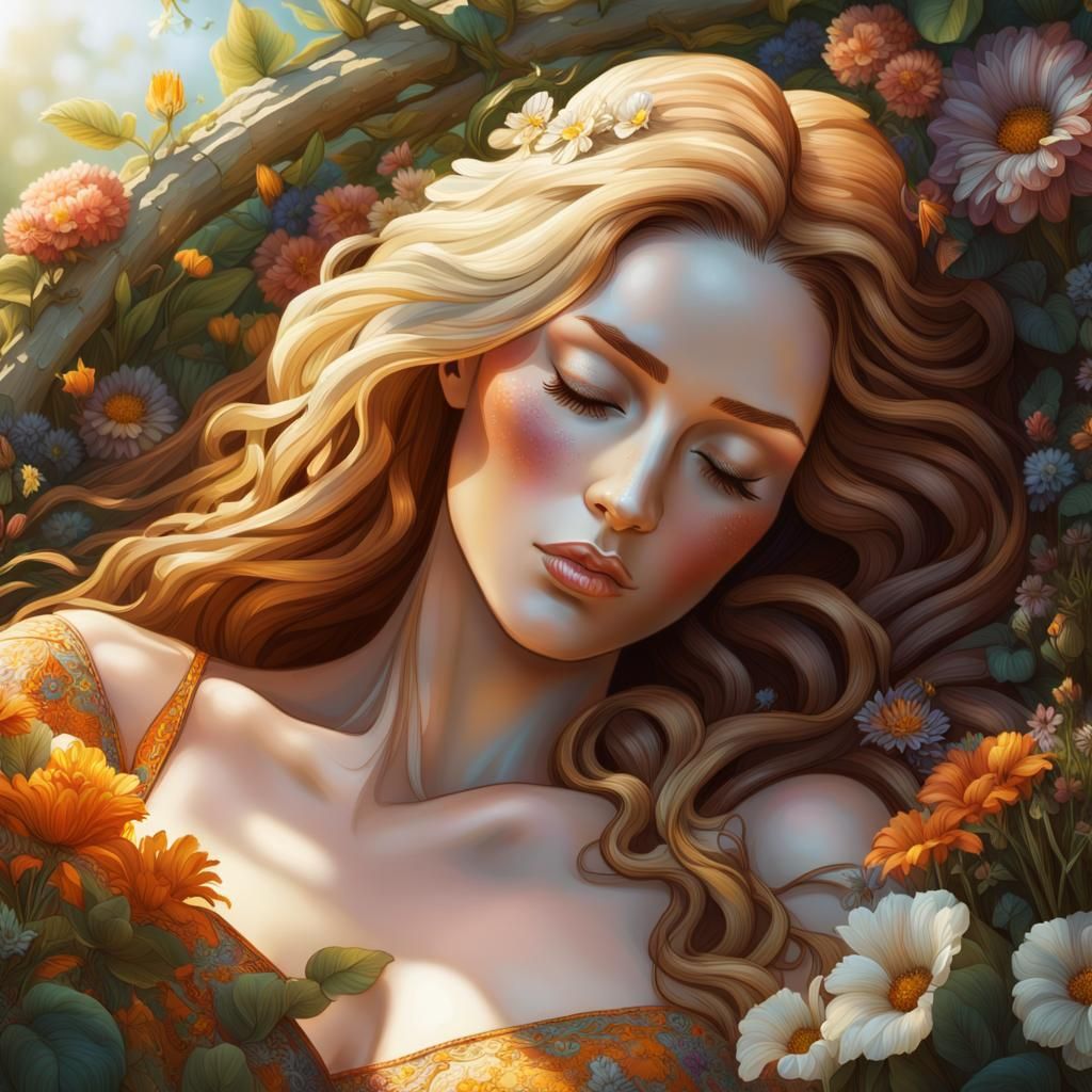 detailed beautiful blowing hair goddess sleeping and leaning against flowers with eyes closed in a bower of garden, surr...