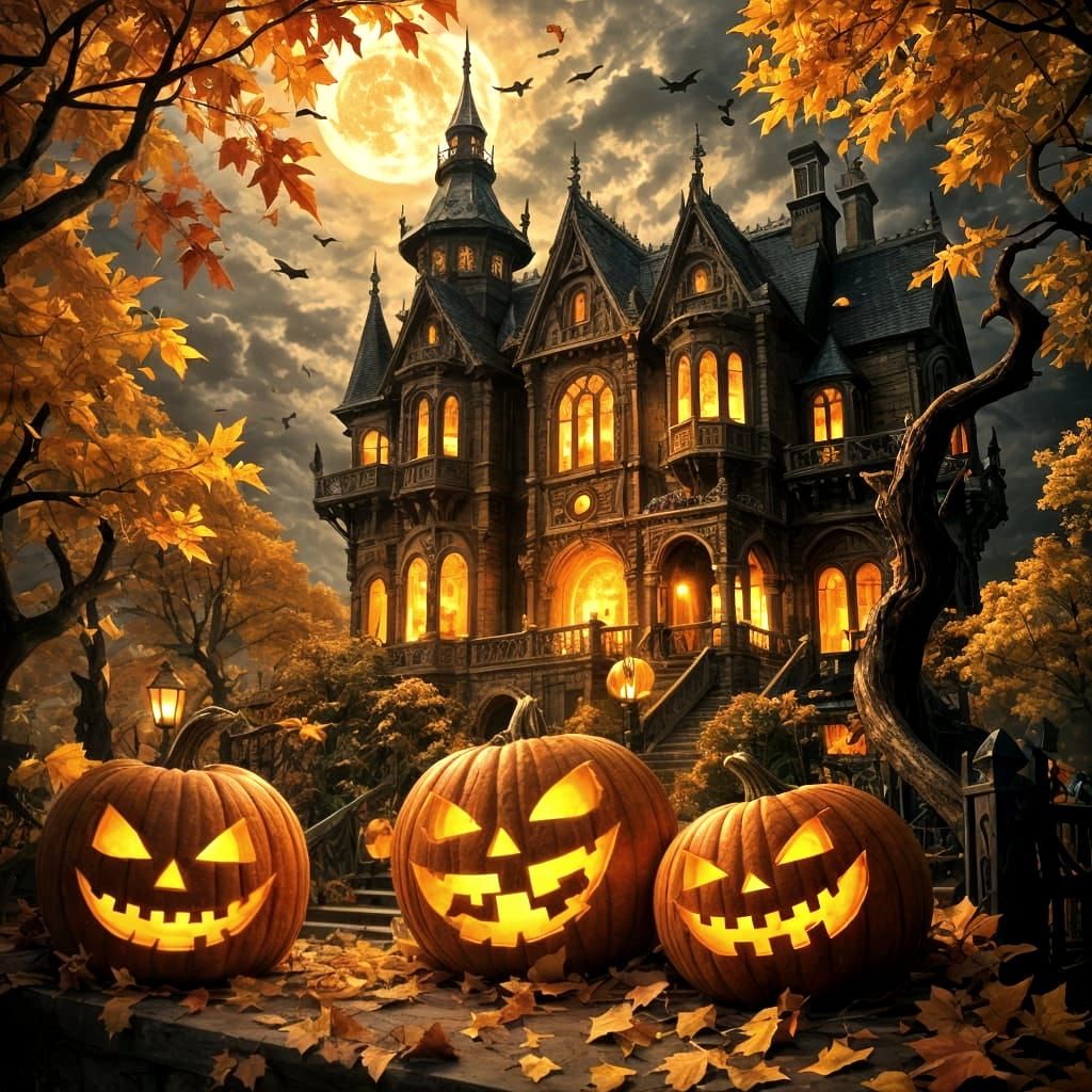 Haunted Mansion with Autumn Leaves and Jack-o-Lanterns