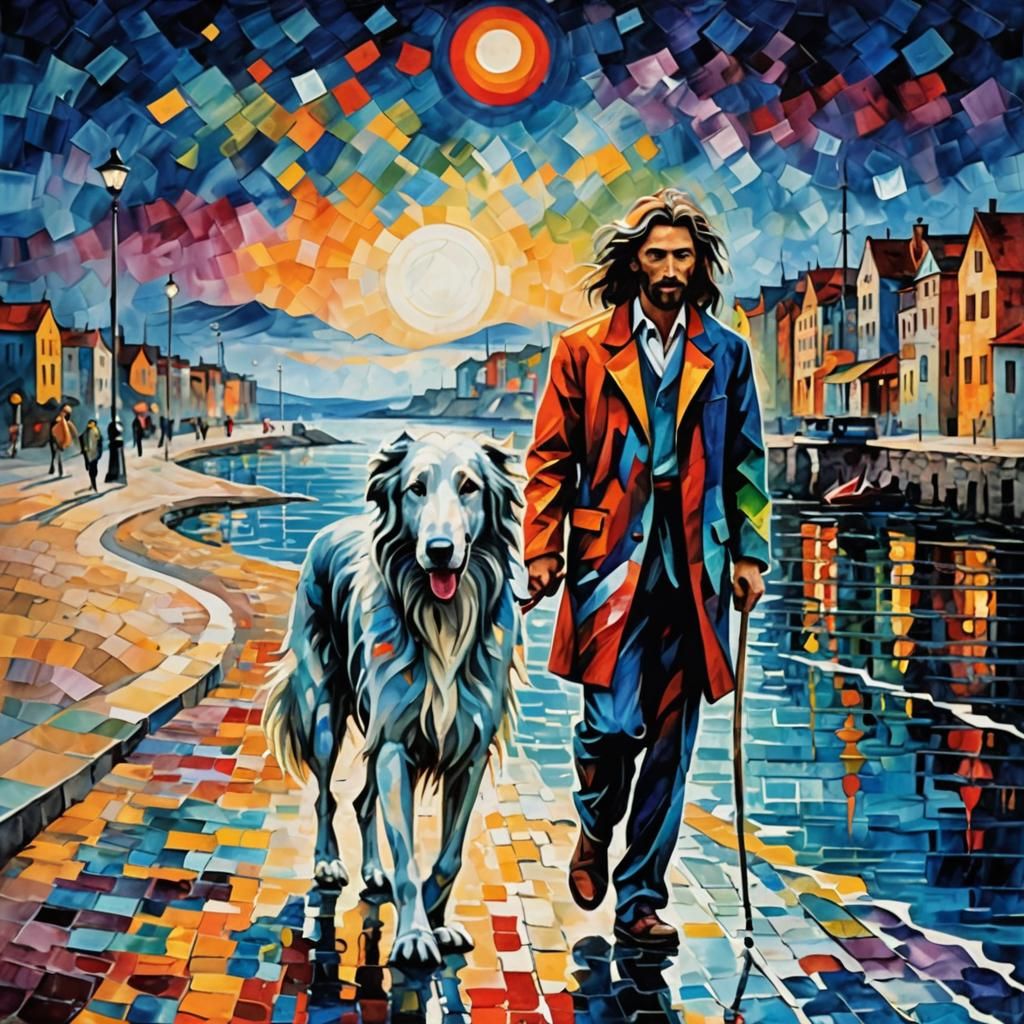 "A Man walking by the seaside with his Russian Wolfhound.....