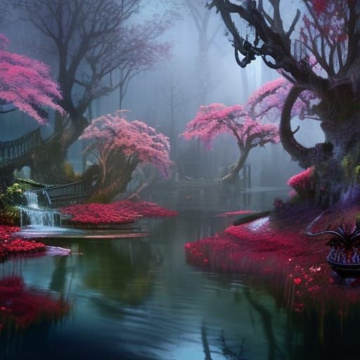High Gothic Water Garden in Crimson Sakura Forest