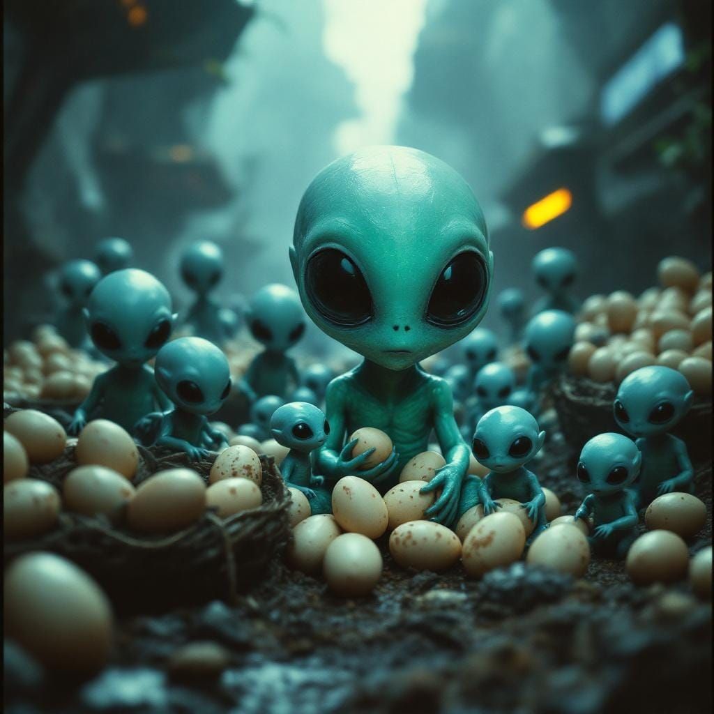 Surreal Alien Marketplace with Vibrant Blue-Green Hues